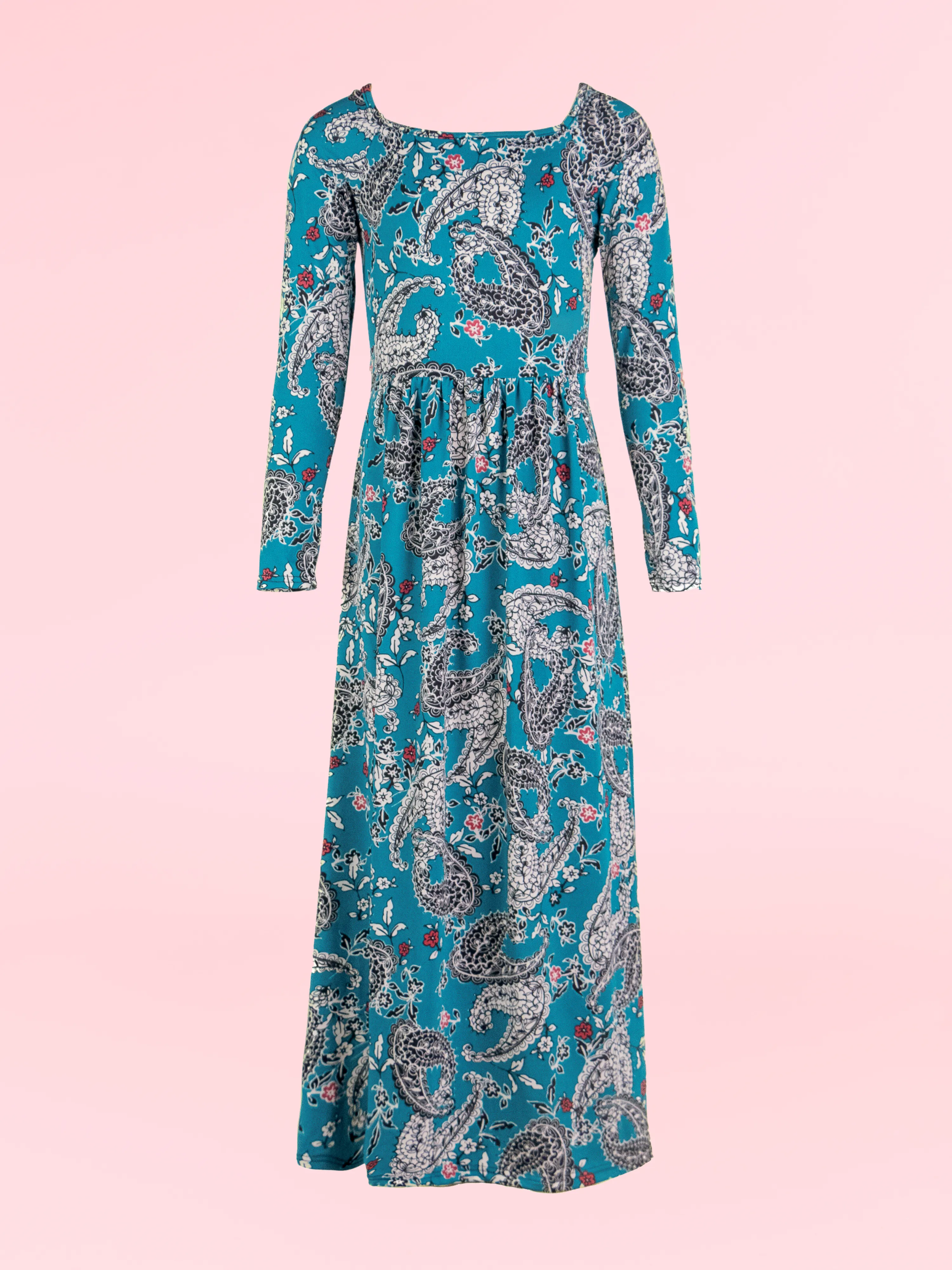 24seven Comfort Apparel Girls Blue Paisley Long Sleeve Pleated Maxi Dress