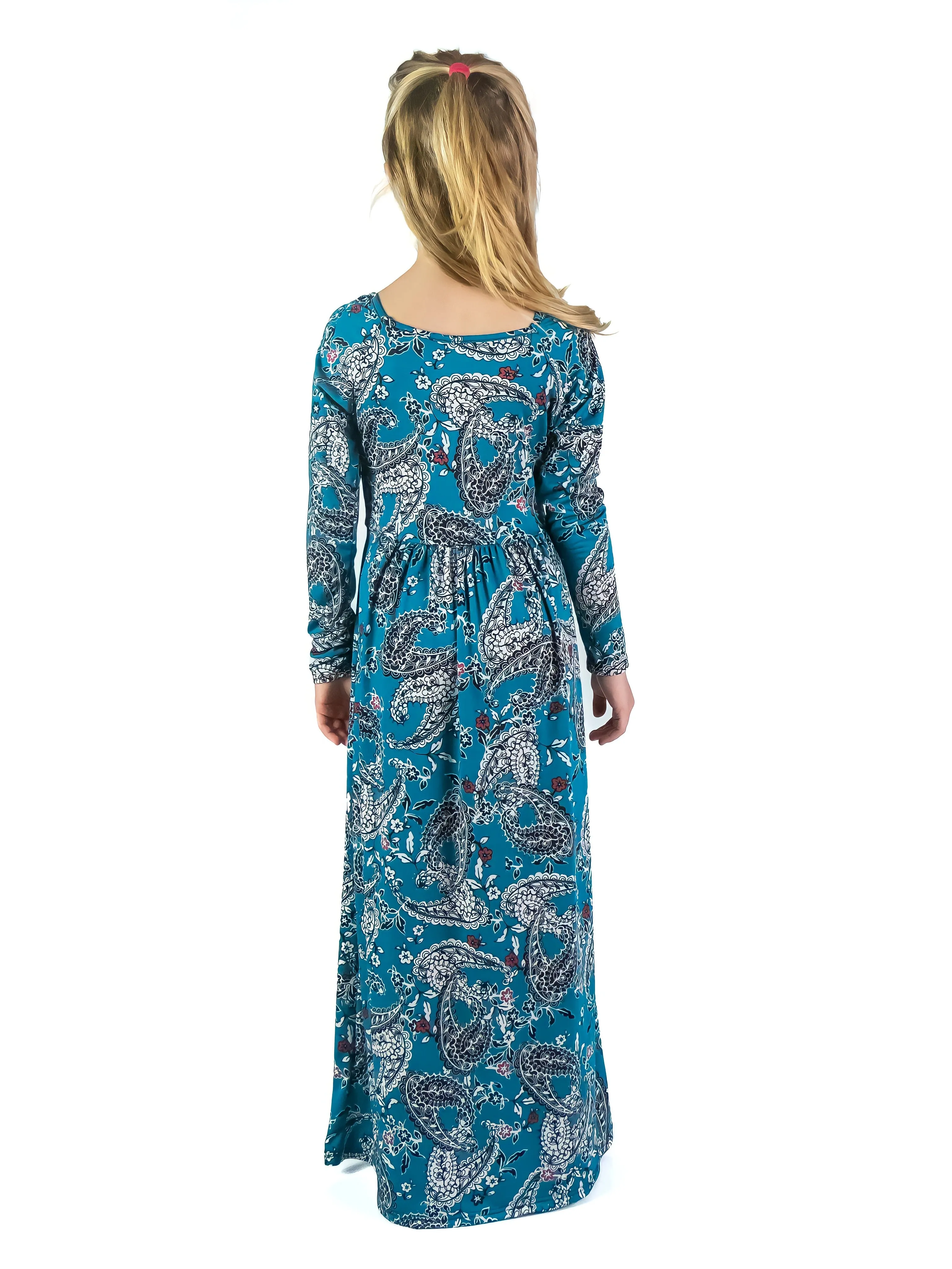 24seven Comfort Apparel Girls Blue Paisley Long Sleeve Pleated Maxi Dress