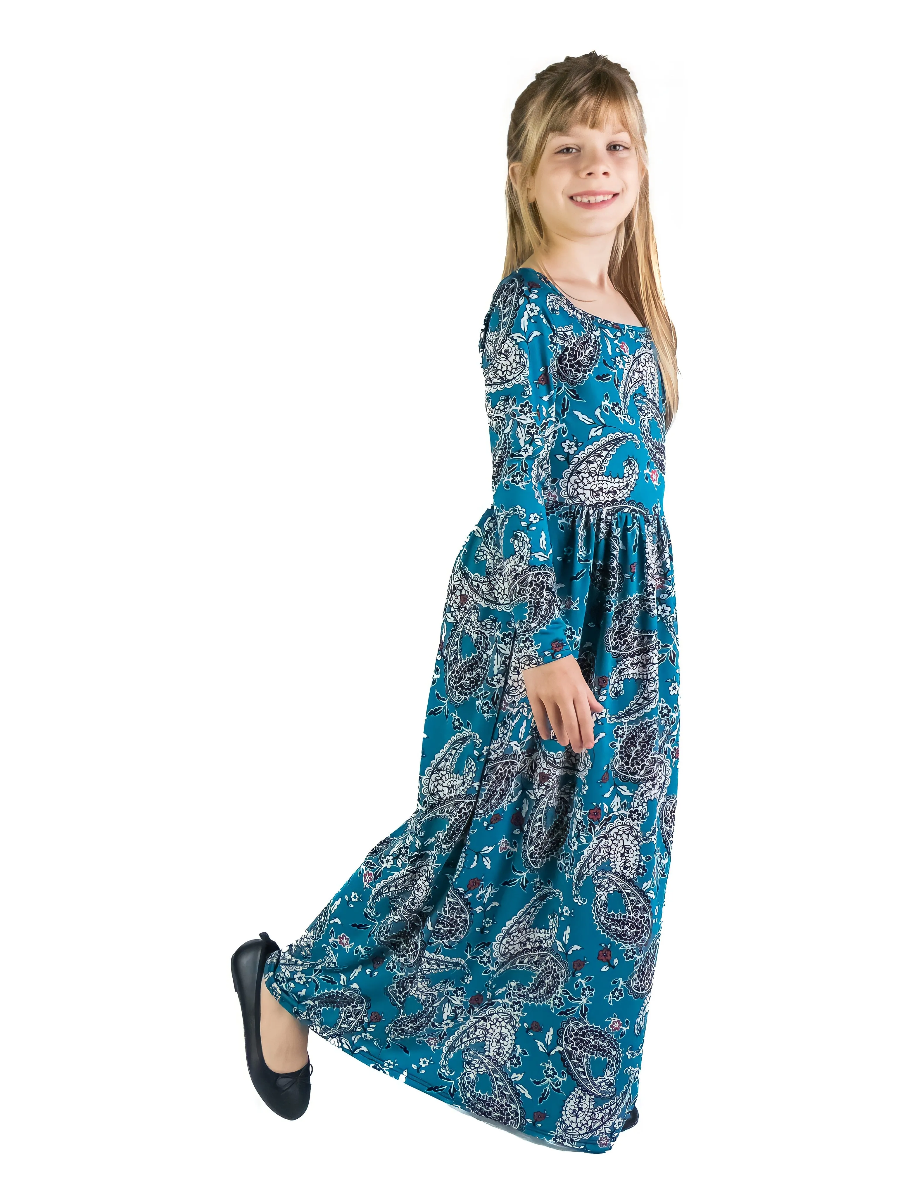24seven Comfort Apparel Girls Blue Paisley Long Sleeve Pleated Maxi Dress