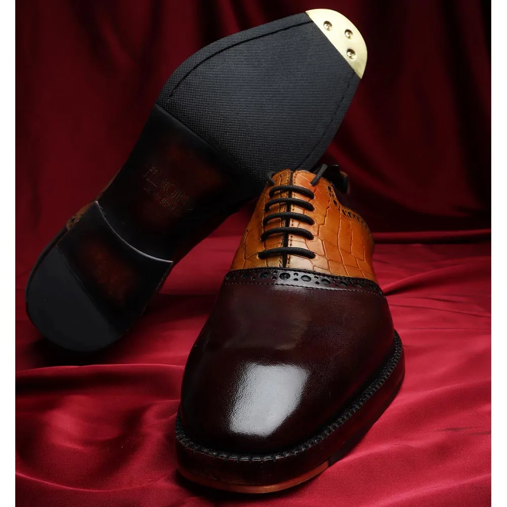 Brown   Tan Croco Detail Saddle Mirror Glossed Patina Oxfords With Metal Toe Plate