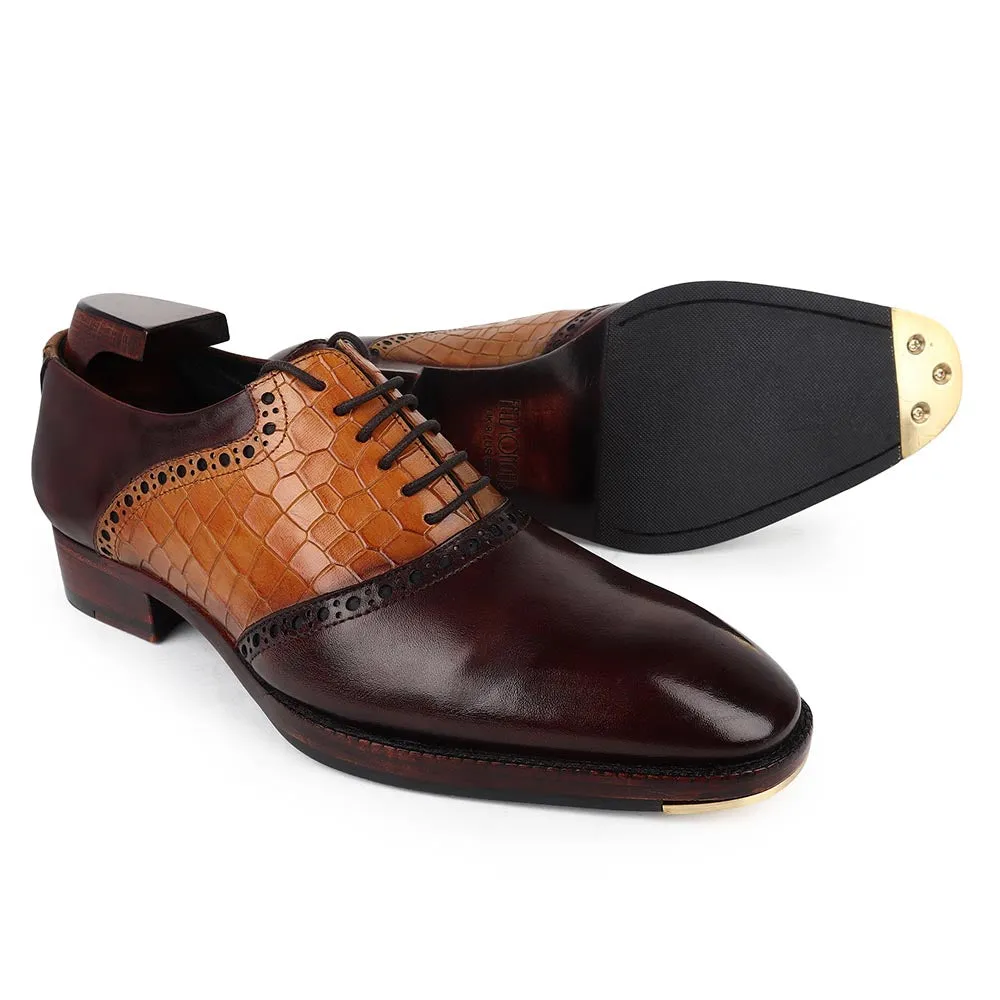 Brown   Tan Croco Detail Saddle Mirror Glossed Patina Oxfords With Metal Toe Plate