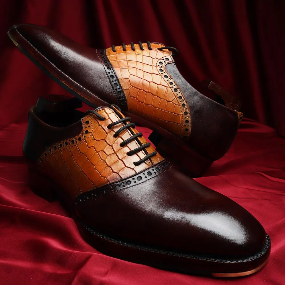 Brown   Tan Croco Detail Saddle Mirror Glossed Patina Oxfords With Metal Toe Plate