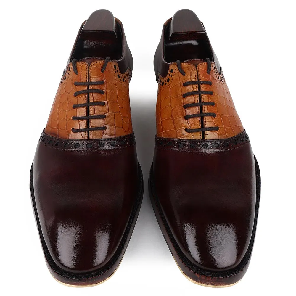 Brown   Tan Croco Detail Saddle Mirror Glossed Patina Oxfords With Metal Toe Plate
