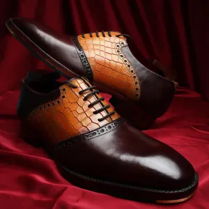 Brown   Tan Croco Detail Saddle Mirror Glossed Patina Oxfords With Metal Toe Plate
