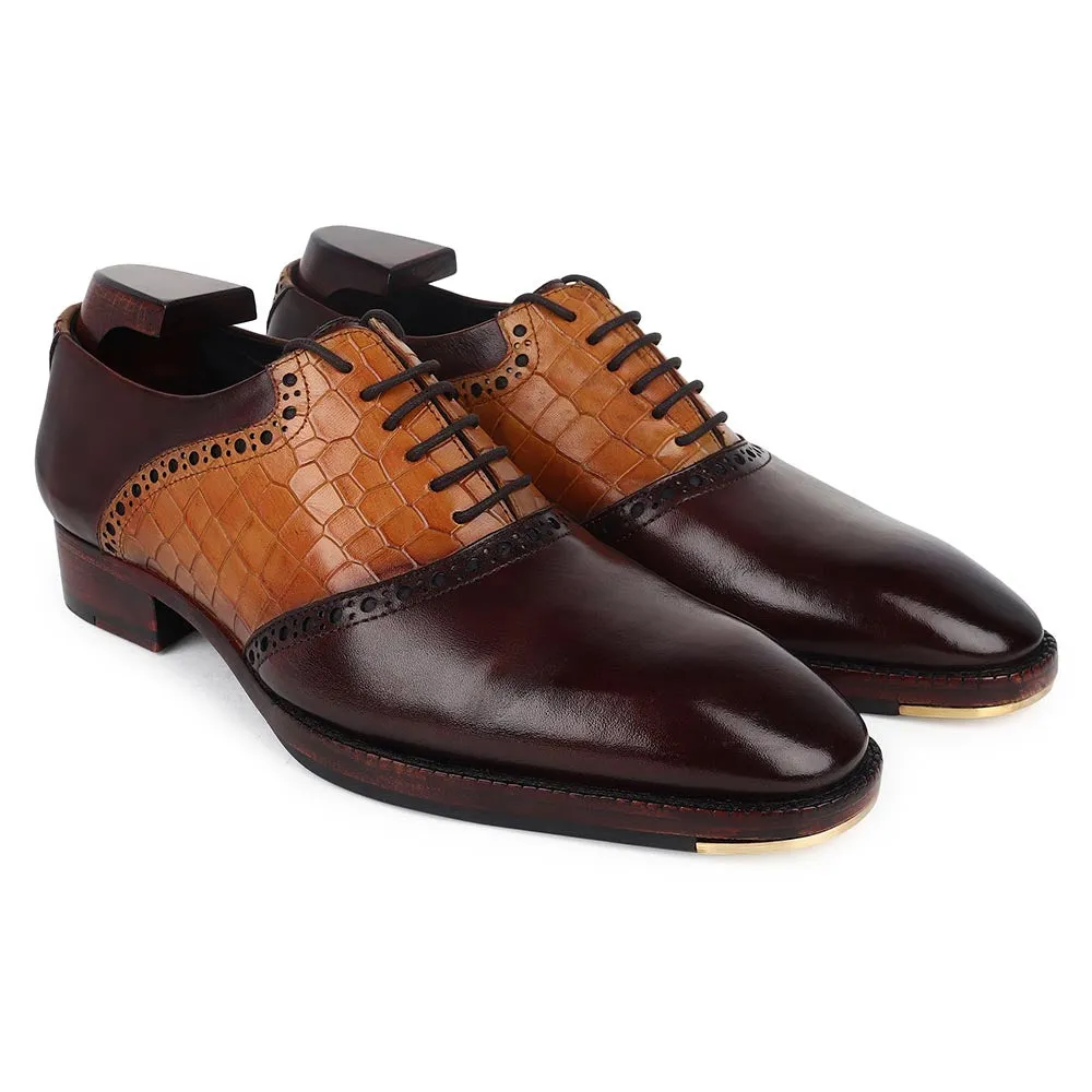 Brown   Tan Croco Detail Saddle Mirror Glossed Patina Oxfords With Metal Toe Plate