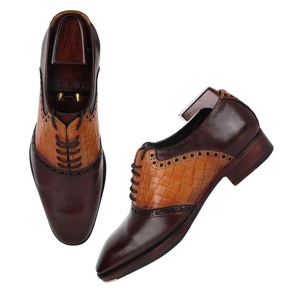 Brown   Tan Croco Detail Saddle Mirror Glossed Patina Oxfords With Metal Toe Plate
