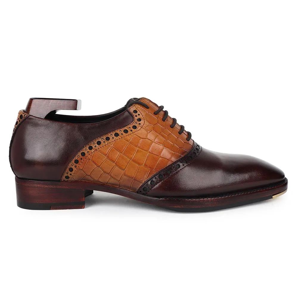 Brown   Tan Croco Detail Saddle Mirror Glossed Patina Oxfords With Metal Toe Plate