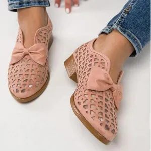 Chicvane Hollow Bowknot Breathable Pointed Toe Chunky Heel Loafers