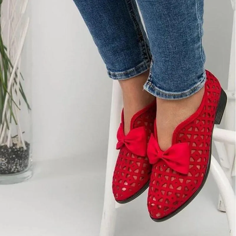 Chicvane Hollow Bowknot Breathable Pointed Toe Chunky Heel Loafers
