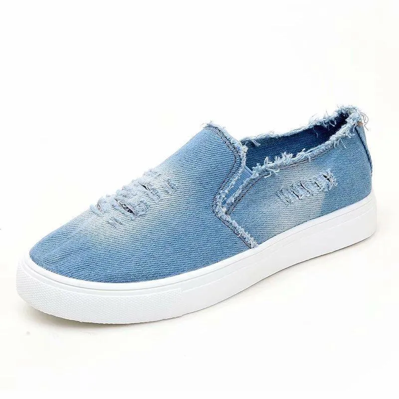 Chicvane Ripped Jean Fabric Slip-On Round Toe Platform Loafers