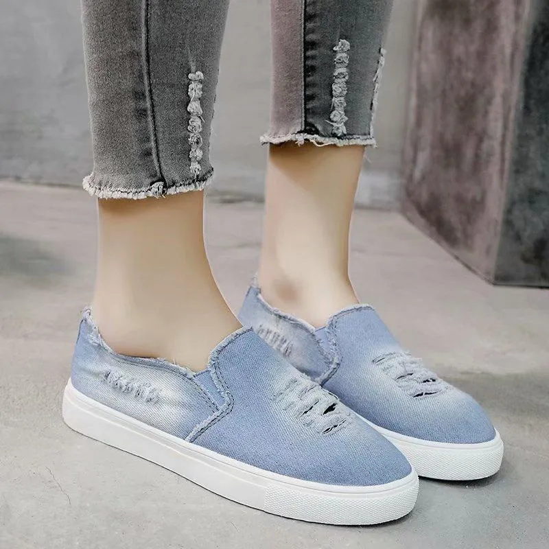 Chicvane Ripped Jean Fabric Slip-On Round Toe Platform Loafers