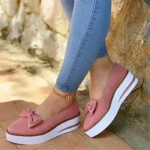Chicvane Suede Pointed Toe Bowknot Loafers Platform Shoes