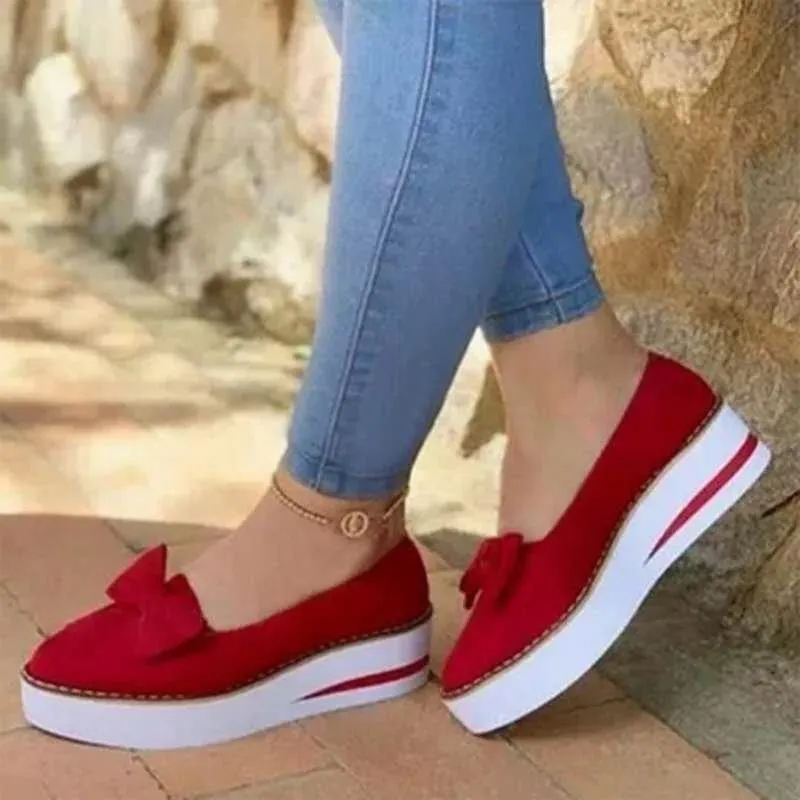 Chicvane Suede Pointed Toe Bowknot Loafers Platform Shoes