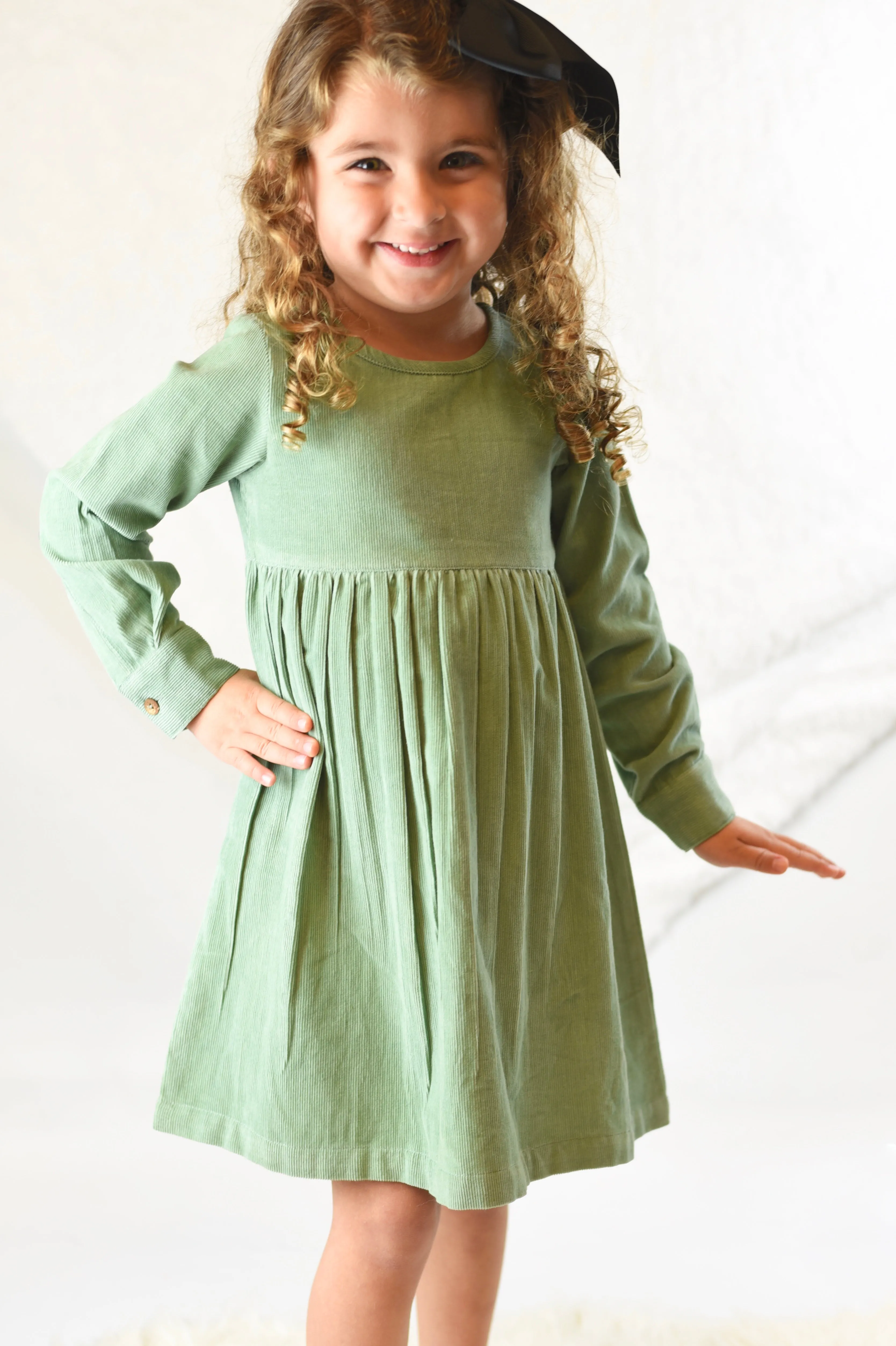 Corduroy Empire Waist Dress - Sage Green