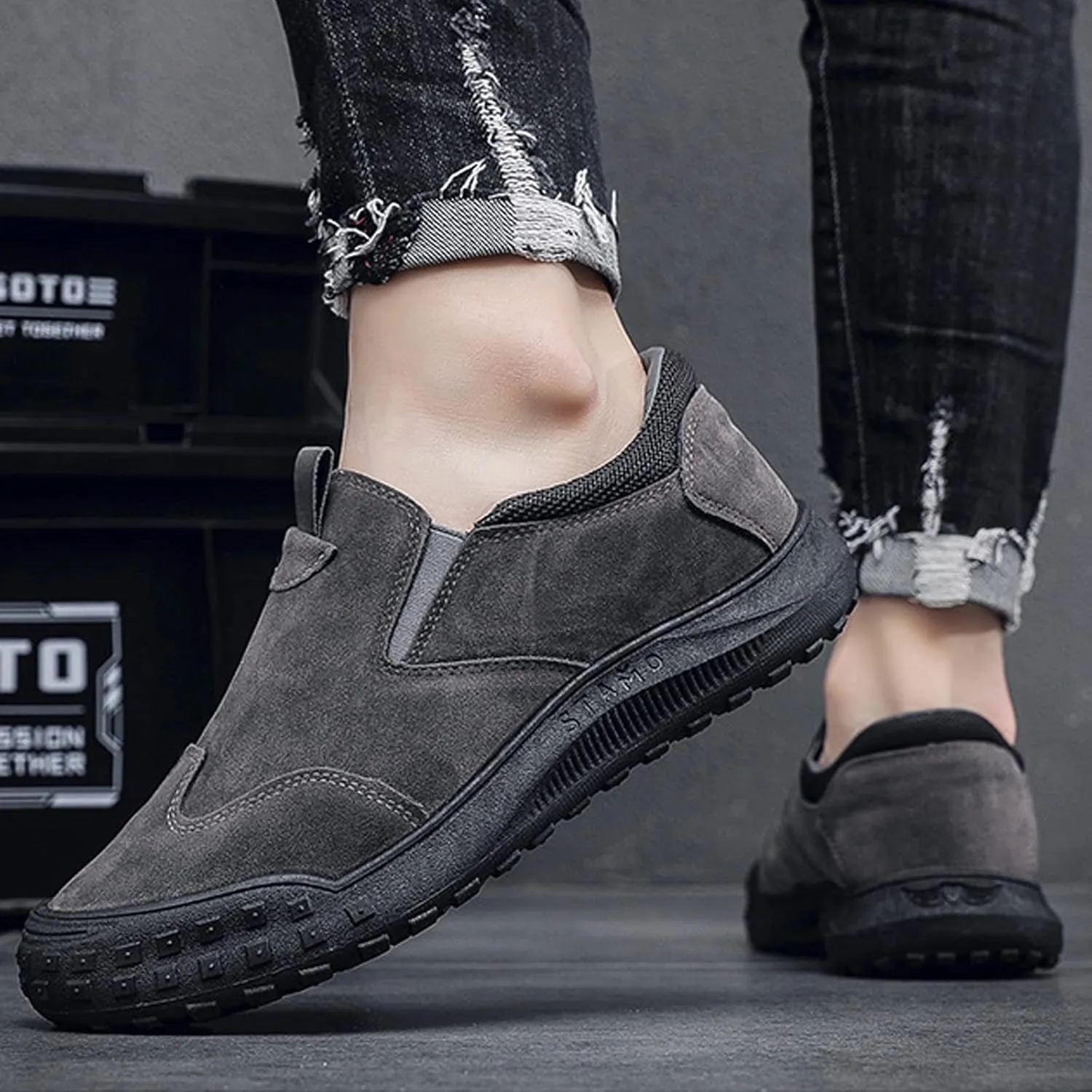Cubicbee Men's Suede Slip on Non-Slip Durable Softsole Loafers,Casual Outdoor Low-top Safety Hiking Driving Shoes Orthopedic Softsole Pain Relief Walking Lightweight Boat Shoe