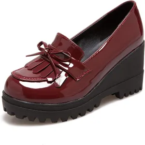 Erocalli Women's Slip on Loafers Vintage Chunky Heel Round Toe Oxfords Shoes Bow-Knot Fringe Dress Pumps Red Wine
