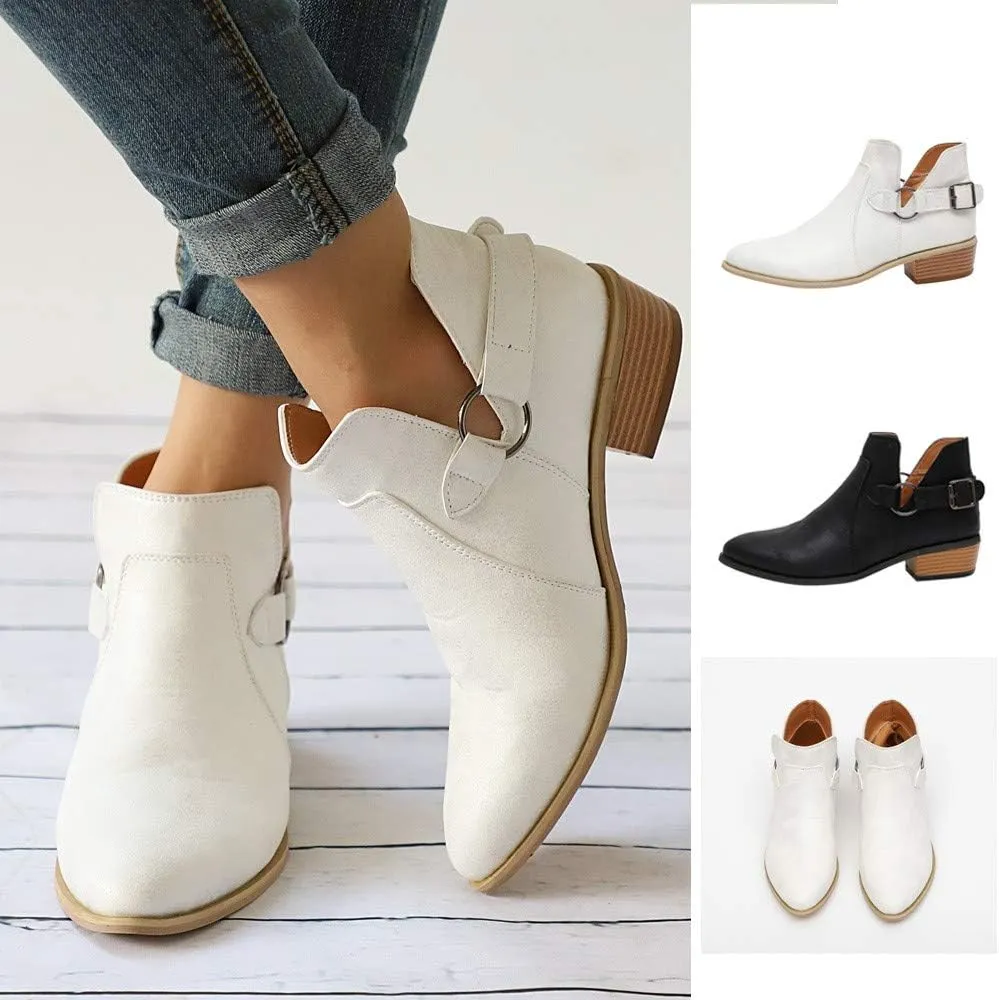 Gibobby Ankle Boots for Women Low Heel,Slip-On Loafers Pointed Toe Chunky Hollow Bucket Office Casual Shoes Cutout Booties