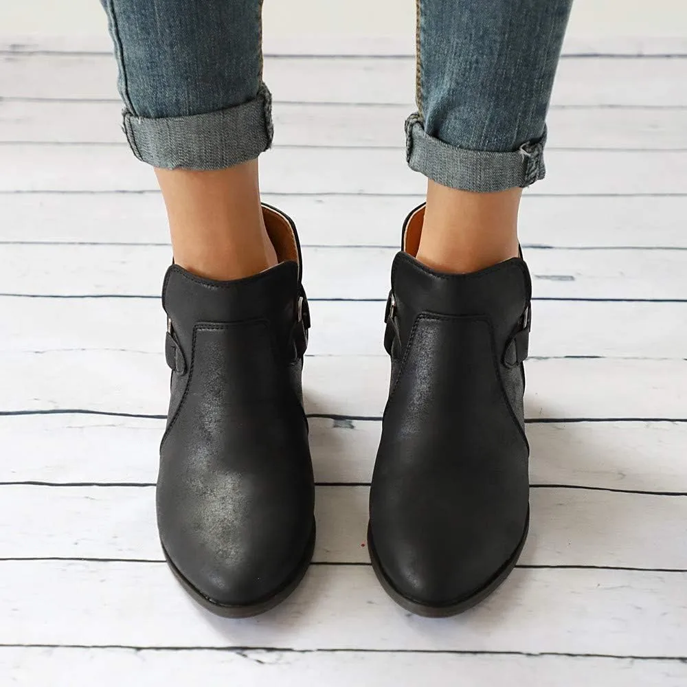 Gibobby Ankle Boots for Women Low Heel,Slip-On Loafers Pointed Toe Chunky Hollow Bucket Office Casual Shoes Cutout Booties