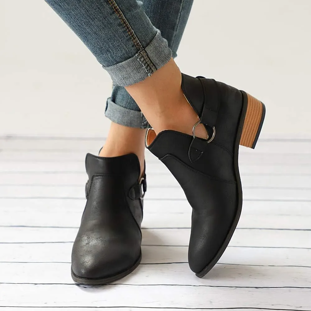 Gibobby Ankle Boots for Women Low Heel,Slip-On Loafers Pointed Toe Chunky Hollow Bucket Office Casual Shoes Cutout Booties