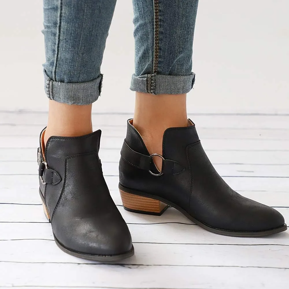 Gibobby Ankle Boots for Women Low Heel,Slip-On Loafers Pointed Toe Chunky Hollow Bucket Office Casual Shoes Cutout Booties