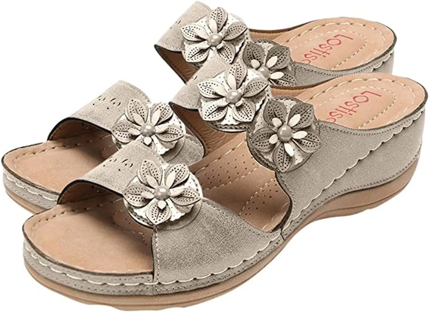 Ladmiple Womens Casual Summer Flower Orthopedic Wedge Flip Flops Arch Support Beach Roman Open Toe Slip On Slide Shoes