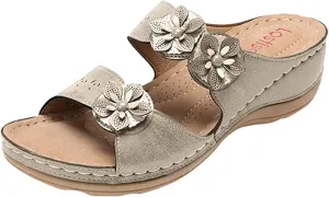 Ladmiple Womens Casual Summer Flower Orthopedic Wedge Flip Flops Arch Support Beach Roman Open Toe Slip On Slide Shoes