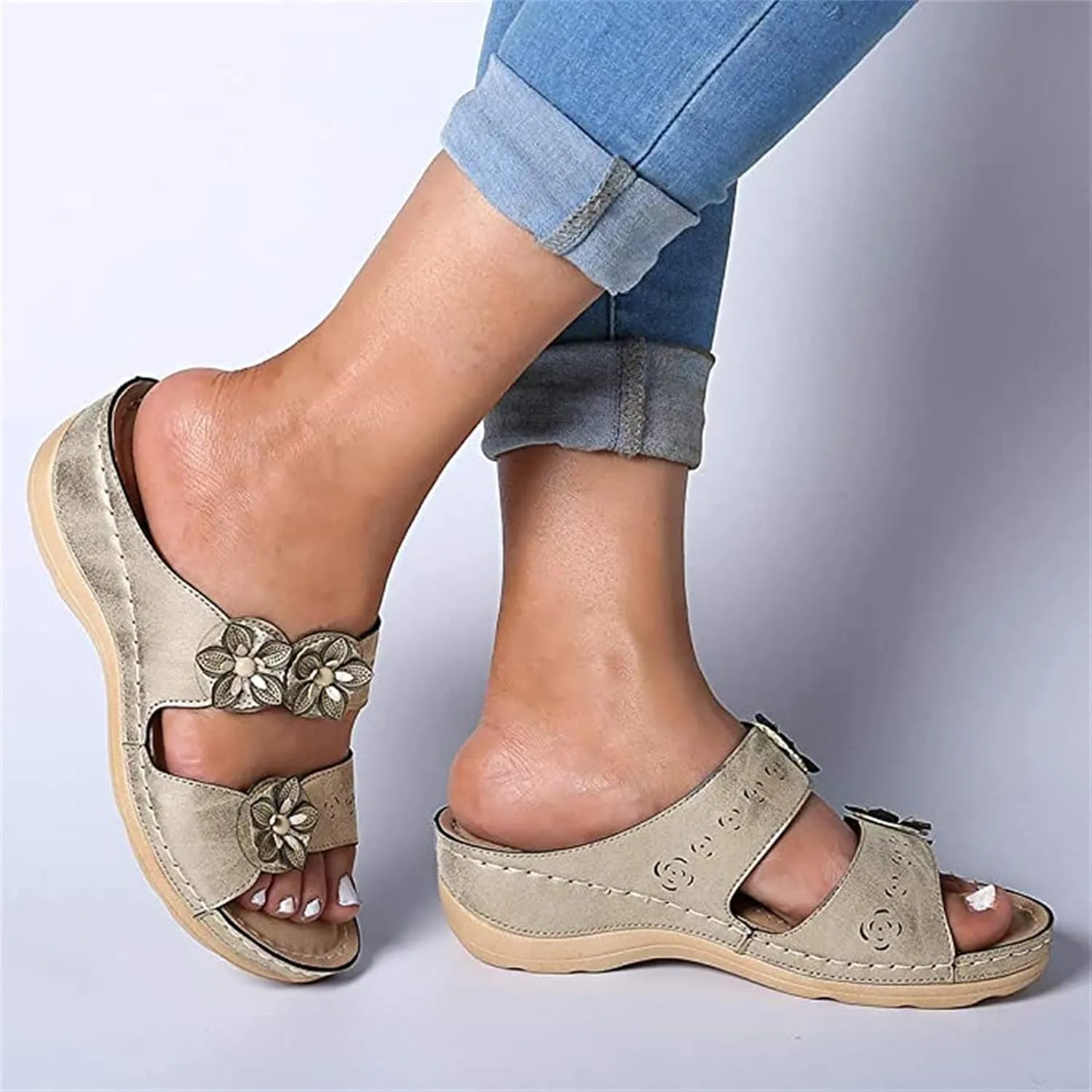 Ladmiple Womens Casual Summer Flower Orthopedic Wedge Flip Flops Arch Support Beach Roman Open Toe Slip On Slide Shoes