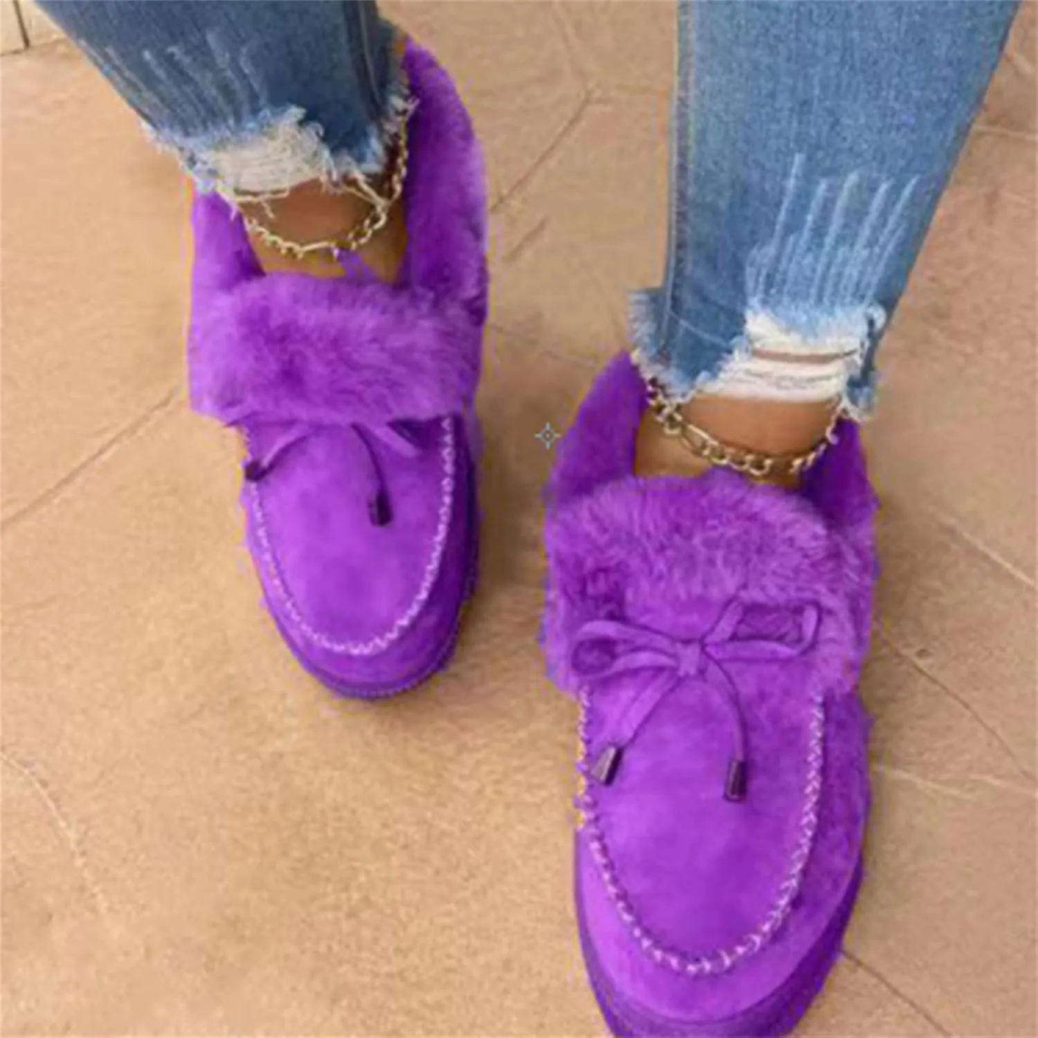 Lausiuoe Boots For Women Ankle Booties Winter Warm Snow Fuzzy Flat Loafers Cute Silp On Comfortable Casual Walking Shoes