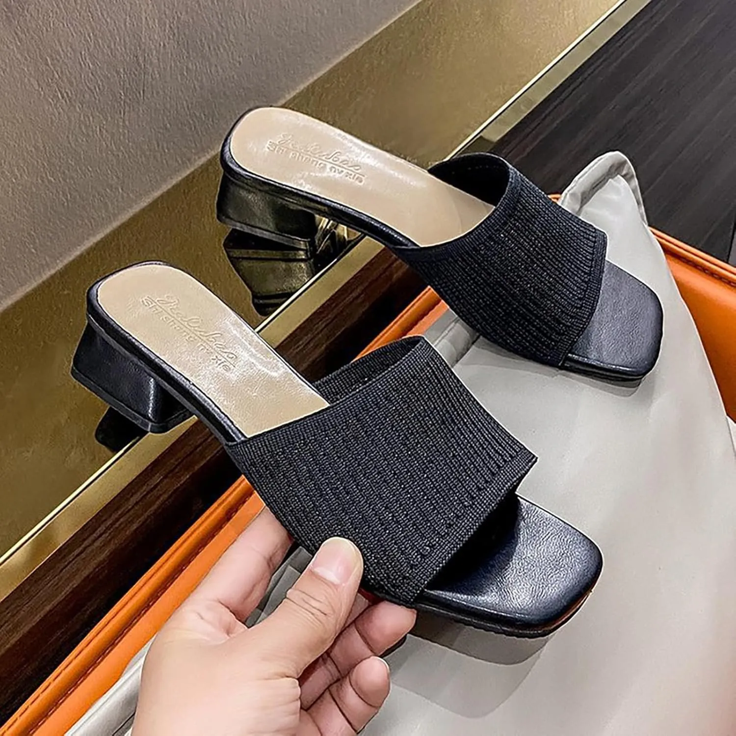 Low Heel Sandals for Women Square Open Toe Heel Mules Chunky Block Low Heel Slip On Slides Fish Mouth Open Toe Slip-on Slipper Casual Holiday Party Sandals