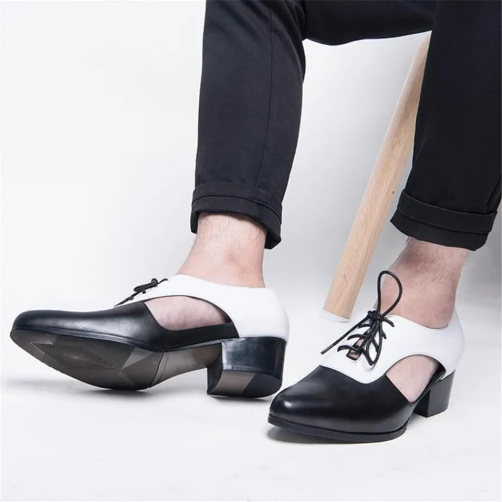 Mens Sandals High Heels Leather Dress Men Shoes Business Office Work Breathable Hollow Pointed-Toe Shoes Sandals (Color : White, Size : 4.5code) (Black 7code)