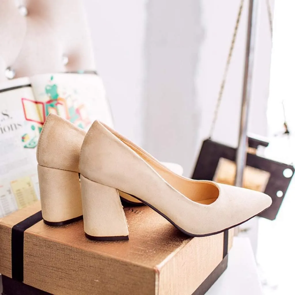 MIOKE Women's Fashion Chunky High Block Heel Pumps Pointed Toe Slip On Comfort Work Office Dress Shoes
