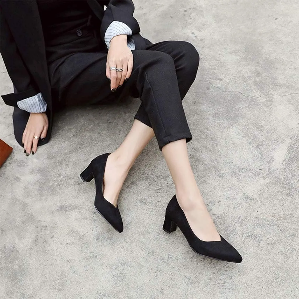 MIOKE Women's Fashion Chunky High Block Heel Pumps Pointed Toe Slip On Comfort Work Office Dress Shoes