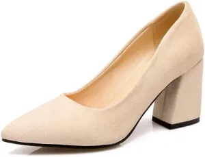 MIOKE Women's Fashion Chunky High Block Heel Pumps Pointed Toe Slip On Comfort Work Office Dress Shoes