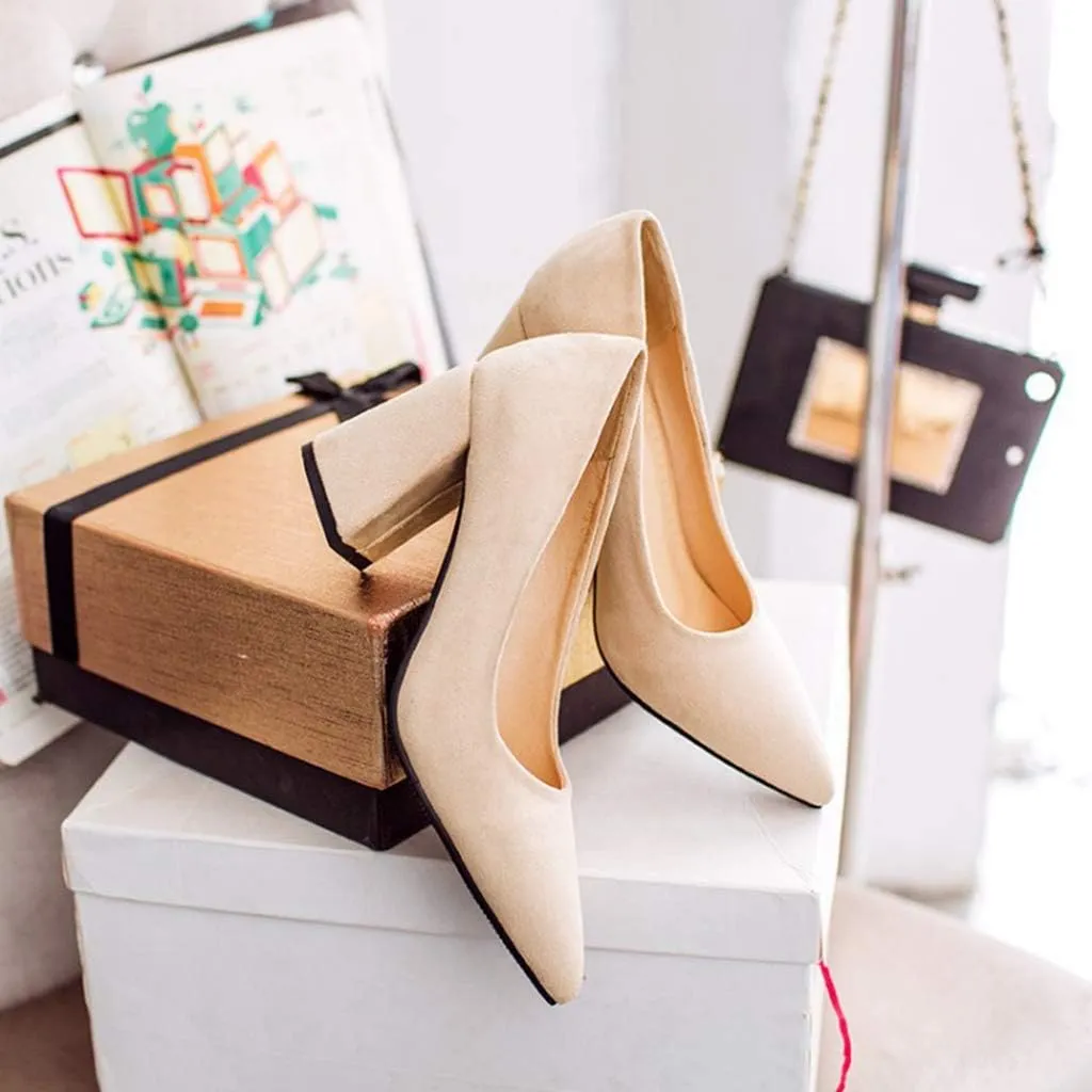 MIOKE Women's Fashion Chunky High Block Heel Pumps Pointed Toe Slip On Comfort Work Office Dress Shoes