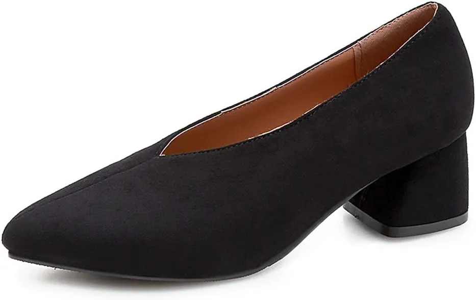 MIOKE Women's Fashion Chunky Mid Block Heel Pumps Pointed Toe Comfort Slip On Work Office Dress Shoes