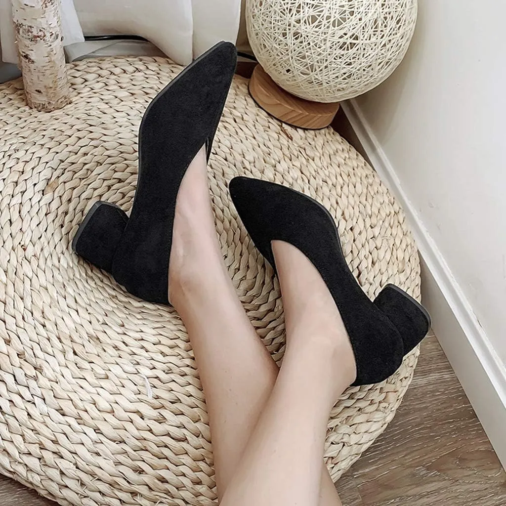 MIOKE Women's Fashion Chunky Mid Block Heel Pumps Pointed Toe Comfort Slip On Work Office Dress Shoes