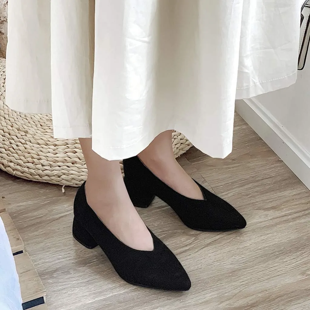MIOKE Women's Fashion Chunky Mid Block Heel Pumps Pointed Toe Comfort Slip On Work Office Dress Shoes