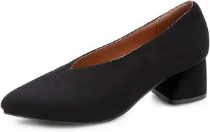 MIOKE Women's Fashion Chunky Mid Block Heel Pumps Pointed Toe Comfort Slip On Work Office Dress Shoes