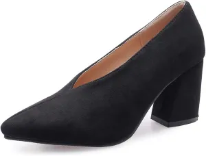 MIOKE Women's Fashion Pointed Toe Chunky High Block Heel Pumps Slip On Comfort Work Office Dress Shoes