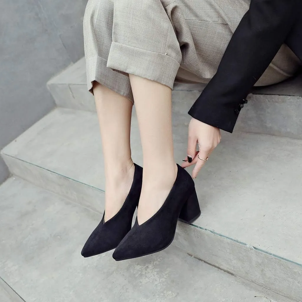 MIOKE Women's Fashion Pointed Toe Chunky High Block Heel Pumps Slip On Comfort Work Office Dress Shoes