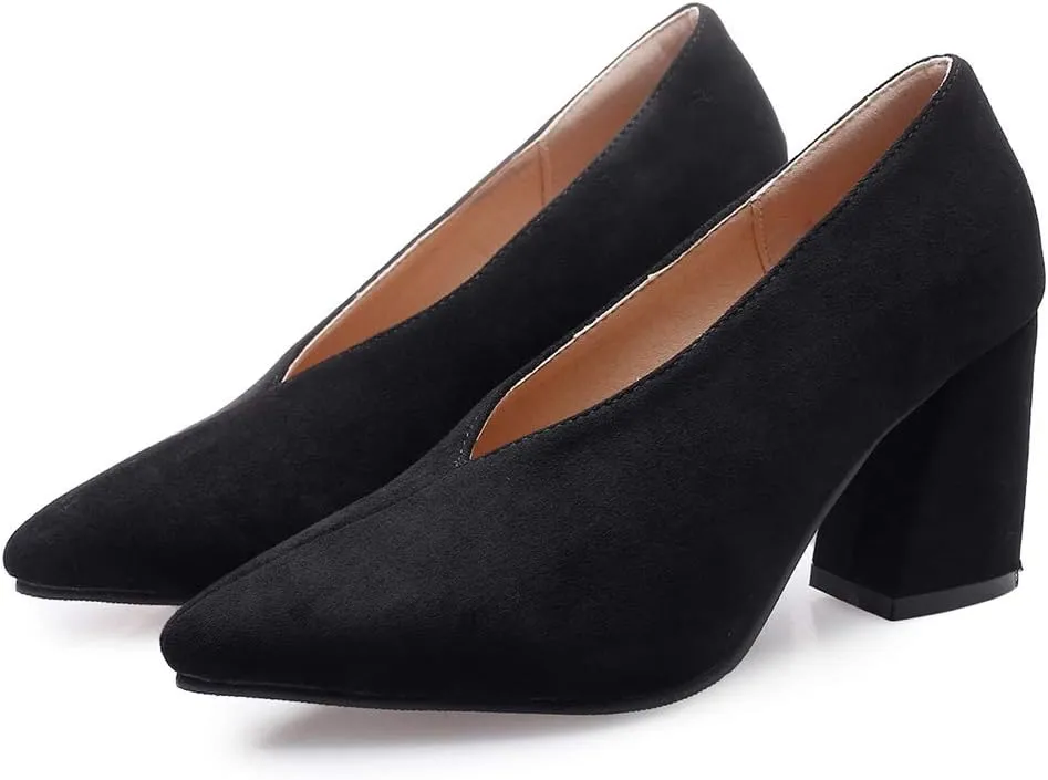 MIOKE Women's Fashion Pointed Toe Chunky High Block Heel Pumps Slip On Comfort Work Office Dress Shoes