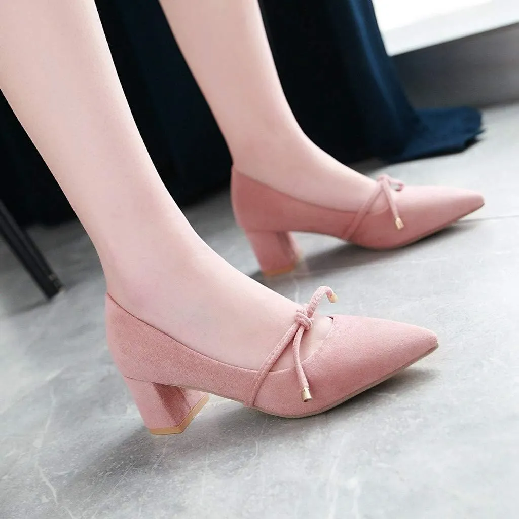 MIOKE Women's Pointed Toe Chunky Mid Block Heel Pump Suede Tassel Slip-On Loafer Casual Office Dress Shoes