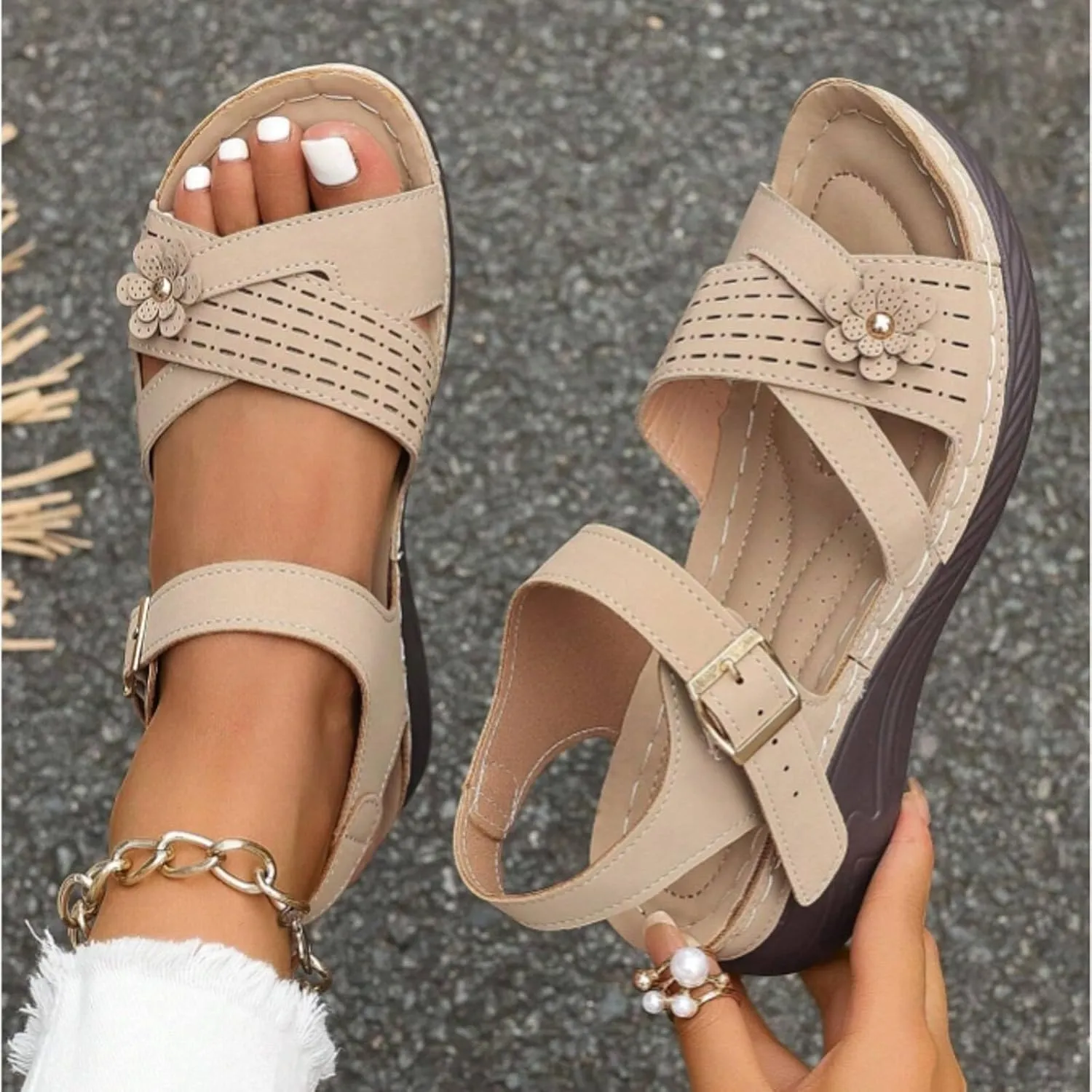 Orthopedic Wide Sandals for Women 2025 Dressy Strappy Arch Support Flat Wedge Sandals Walking Women Open Toe Ankle Strap Comfortable Platform Slip-On Shoes for Summer Beach Casual