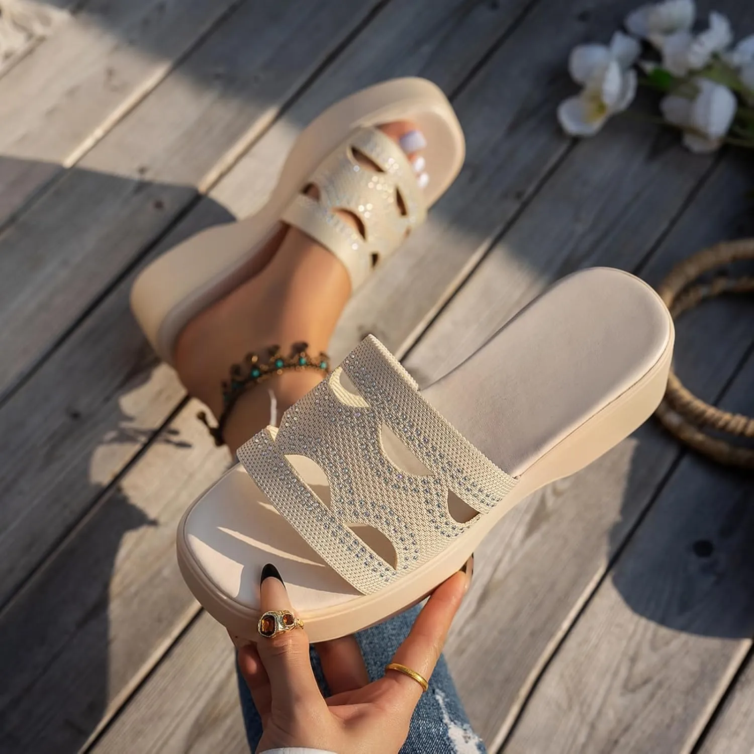 Platform Sandals for Women Comfortable Knit Slip On Slippers Sandals Fashion Sparkling Rhinestone Slippers Soft Cushion Platform Beach Shoes for Summers Dress Beach