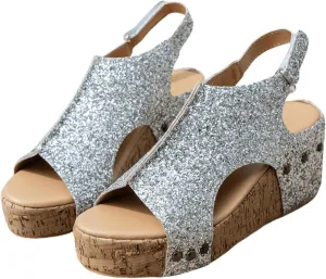 Platform Sandals Women Dressy Comfy Open Toe Slip on Elastic Ankle Strap Wedges Sandals Sparkly Glitter Summer Dress Shoes