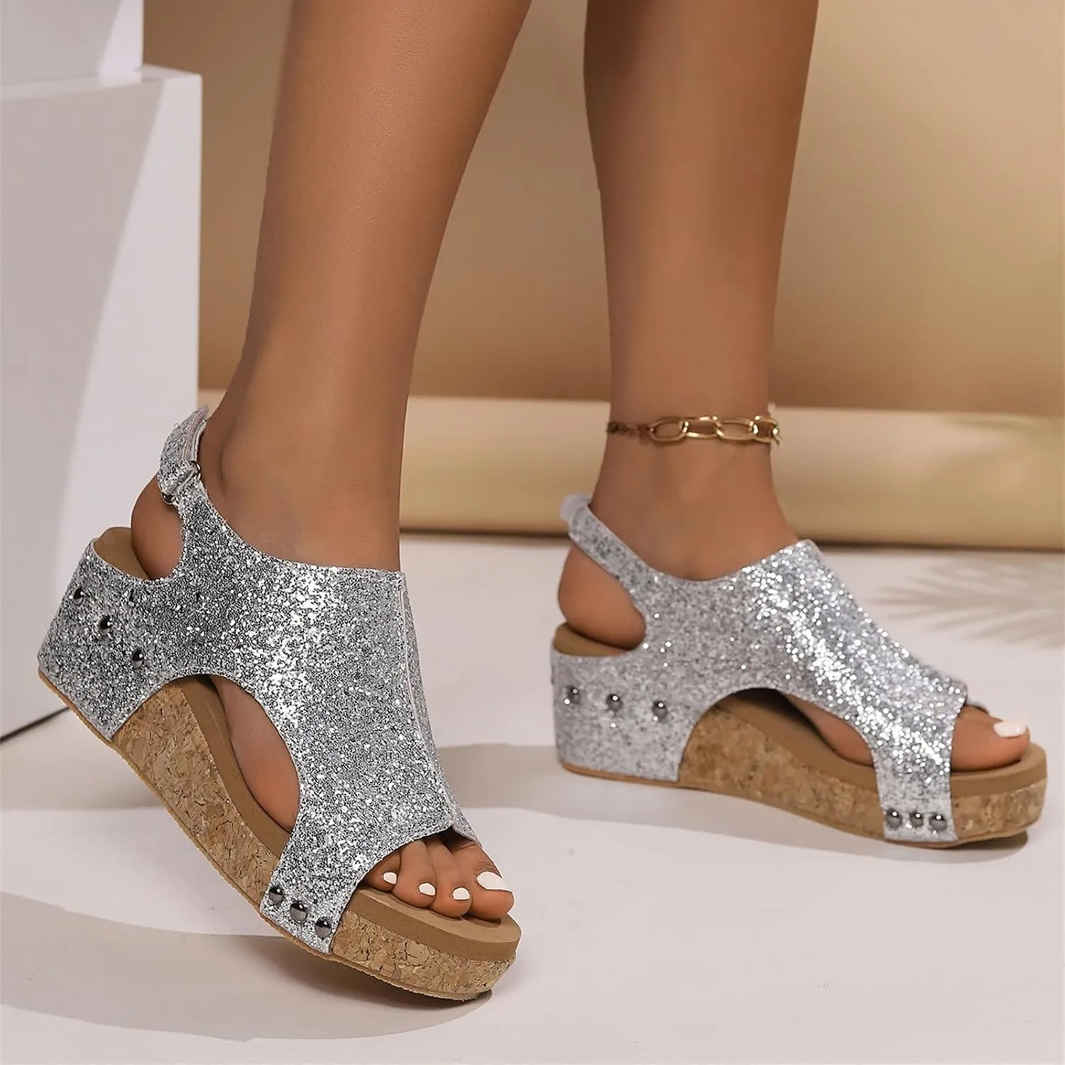 Platform Sandals Women Dressy Comfy Open Toe Slip on Elastic Ankle Strap Wedges Sandals Sparkly Glitter Summer Dress Shoes