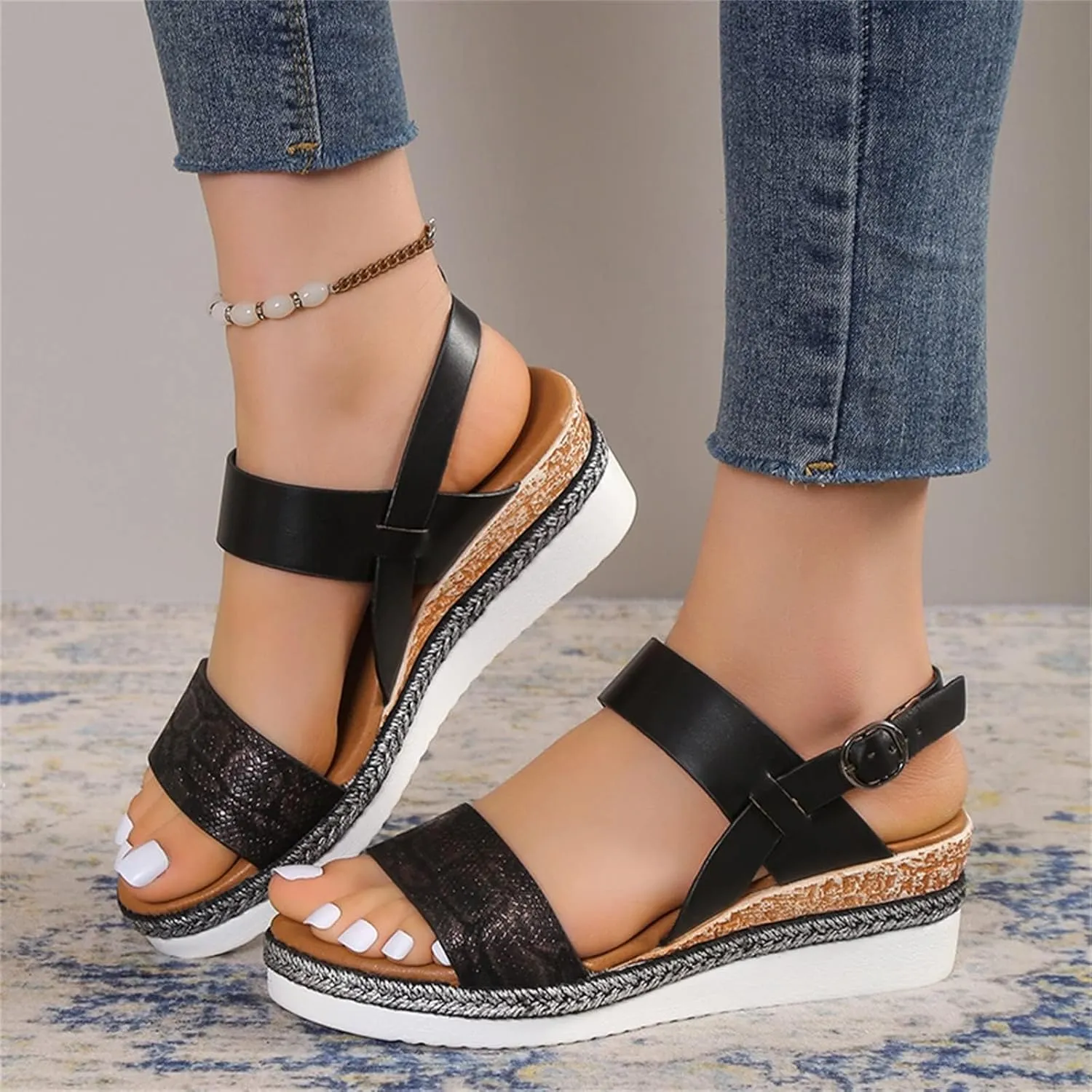 Sandals for Women 2025 Arch Support Wedge Sandals Ankle Strap Wide Width Orthopedic Shoe Open Toe Sankle Strap Platform Shoes Fish Mouth Comfortable Beach Summer Footwear