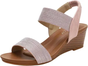 Wedge Sandals for Women 2025 Sparkly Heeled Wedges Sandal Open Toe Slip On Shoes Ankle Elastic Band Behemia Shoes Fashion Arch Support Orthopedic Sandals
