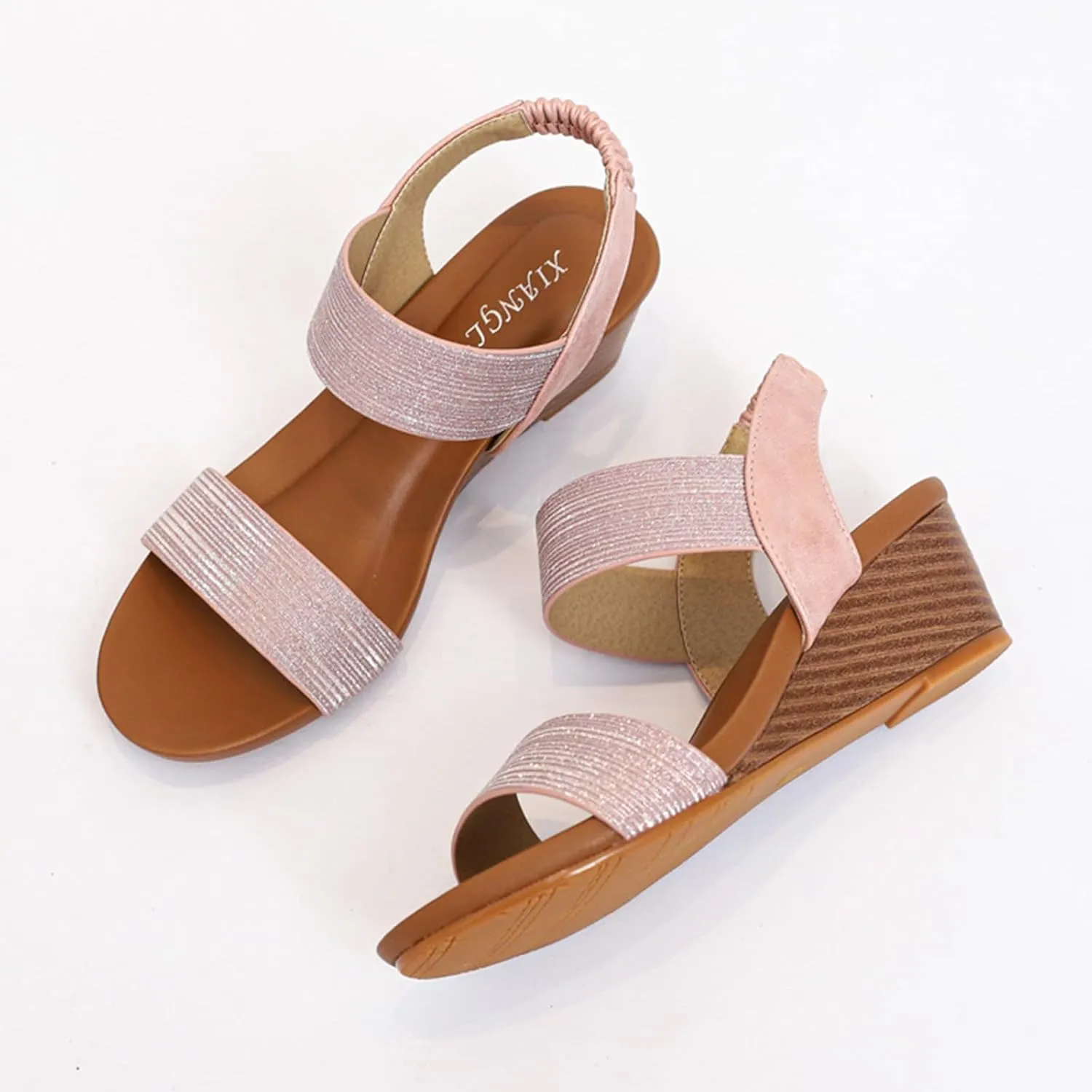 Wedge Sandals for Women 2025 Sparkly Heeled Wedges Sandal Open Toe Slip On Shoes Ankle Elastic Band Behemia Shoes Fashion Arch Support Orthopedic Sandals