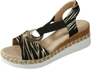 Wedge Sandals for Women 2025 Woven Flax Thick Sole Sandals Metal Decoration Elastic Strap Sandal Open Toe Slip On Shoes Summer Arch Support Walking Shoes